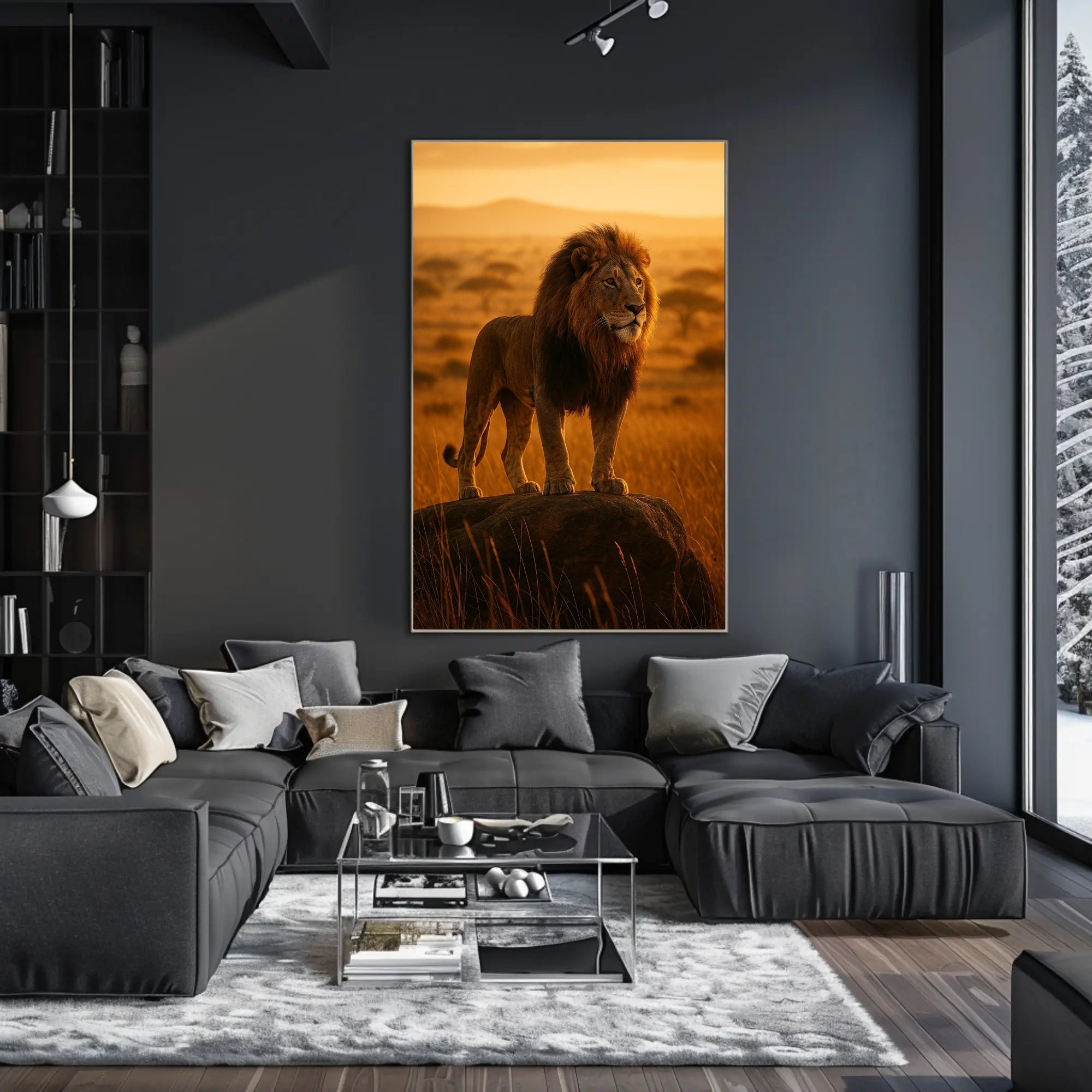 Majestic Lion in Golden Savannah Animal Poster