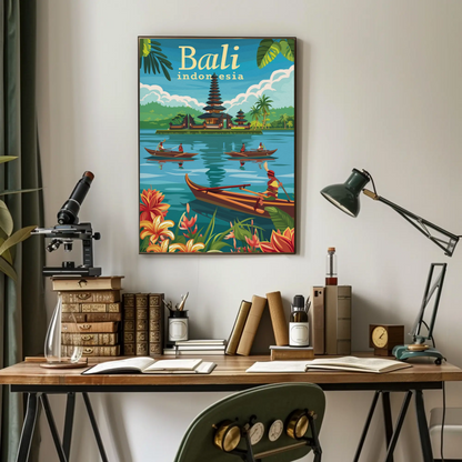 Bali Indonesia Vintage Travel Poster - Temple & Canoes