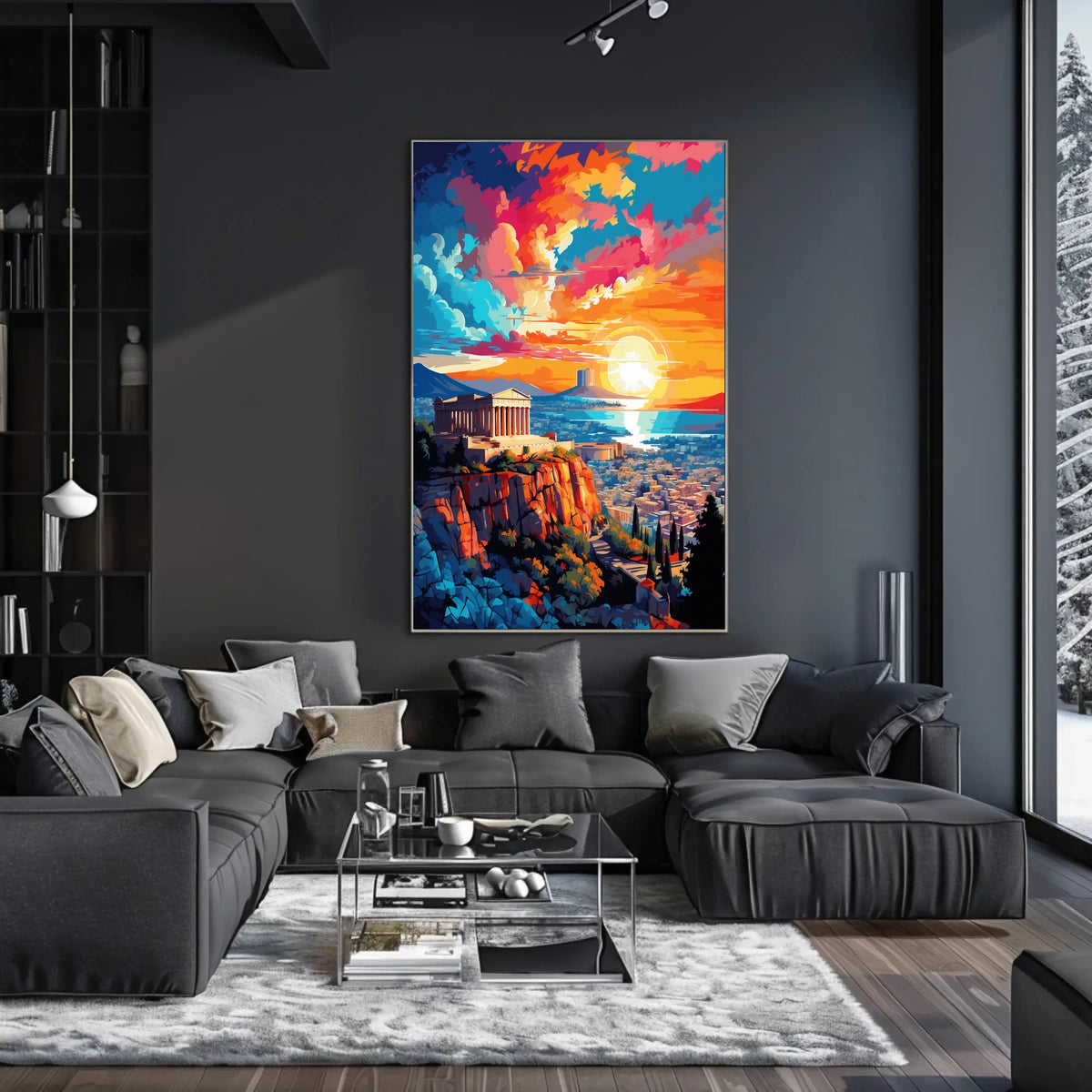 Vibrant Sunset Over City with Ancient Temple Heritage Poster