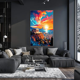 Vibrant Sunset Over City with Ancient Temple Heritage Poster