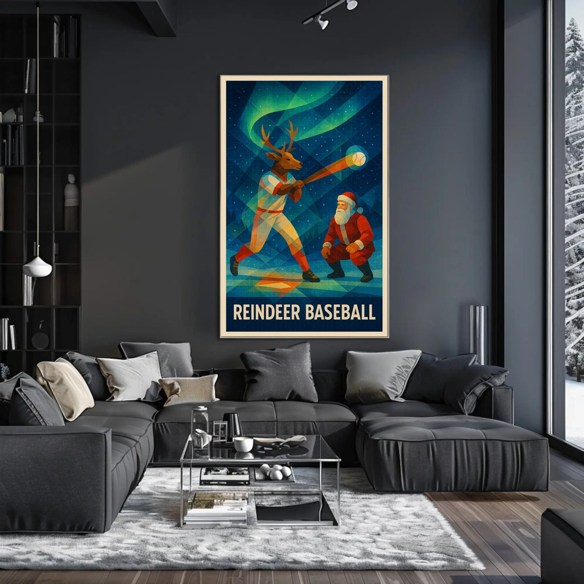 Reindeer Baseball Scene Under Northern Lights - Fantasy or Mythology Poster