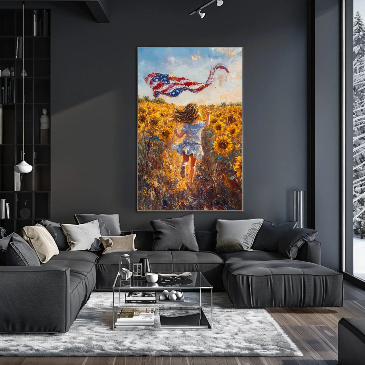 Child Running Through Sunflower Field At Golden Hour Poster