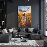 Child Running Through Sunflower Field At Golden Hour Poster