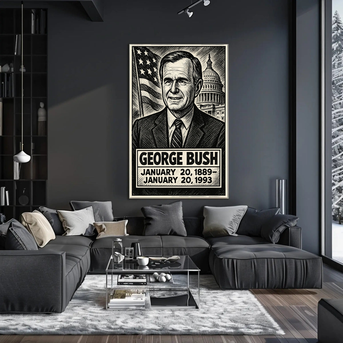 George H. W. Bush 41st President of the United States B & W Comic Sketch Poster