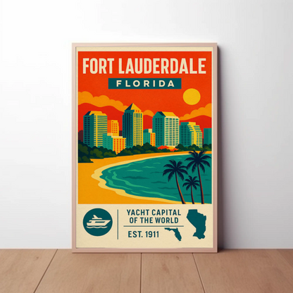 Fort Lauderdale Florida Skyline Palms Sunset Travel Poster