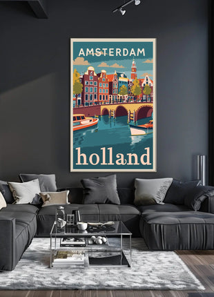 Amsterdam Canal Houses Scenic Vintage Travel Poster