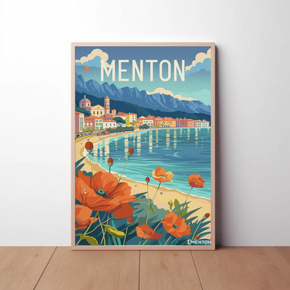 Menton France Beachfront Flowers Coastal Village Scene Travel Poster