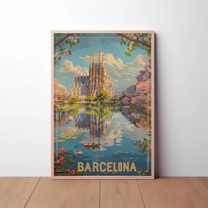Barcelona Sagrada Familia Reflection Spring Travel Poster