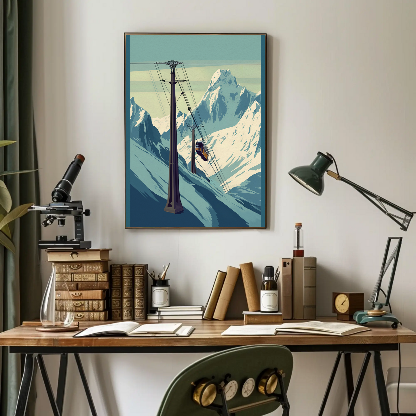 Ski Lift Across Winter Mountain Range Vintage Travel Poster
