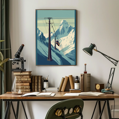 Ski Lift Across Winter Mountain Range Vintage Travel Poster