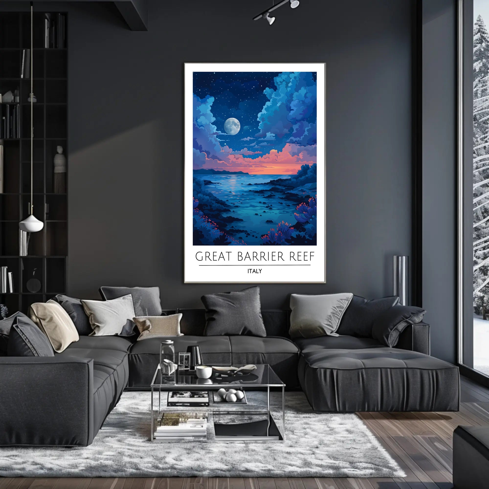 Dreamy Coastal Night Scene Under Full Moon - Artistic Poster
