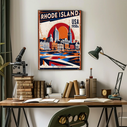 Rhode Island USA 1950s Waterfront Skyline Vintage Travel Poster