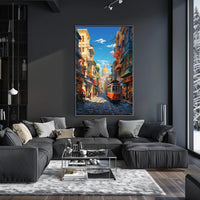 Vibrant Cityscape with Historical Trolley Travel Poster