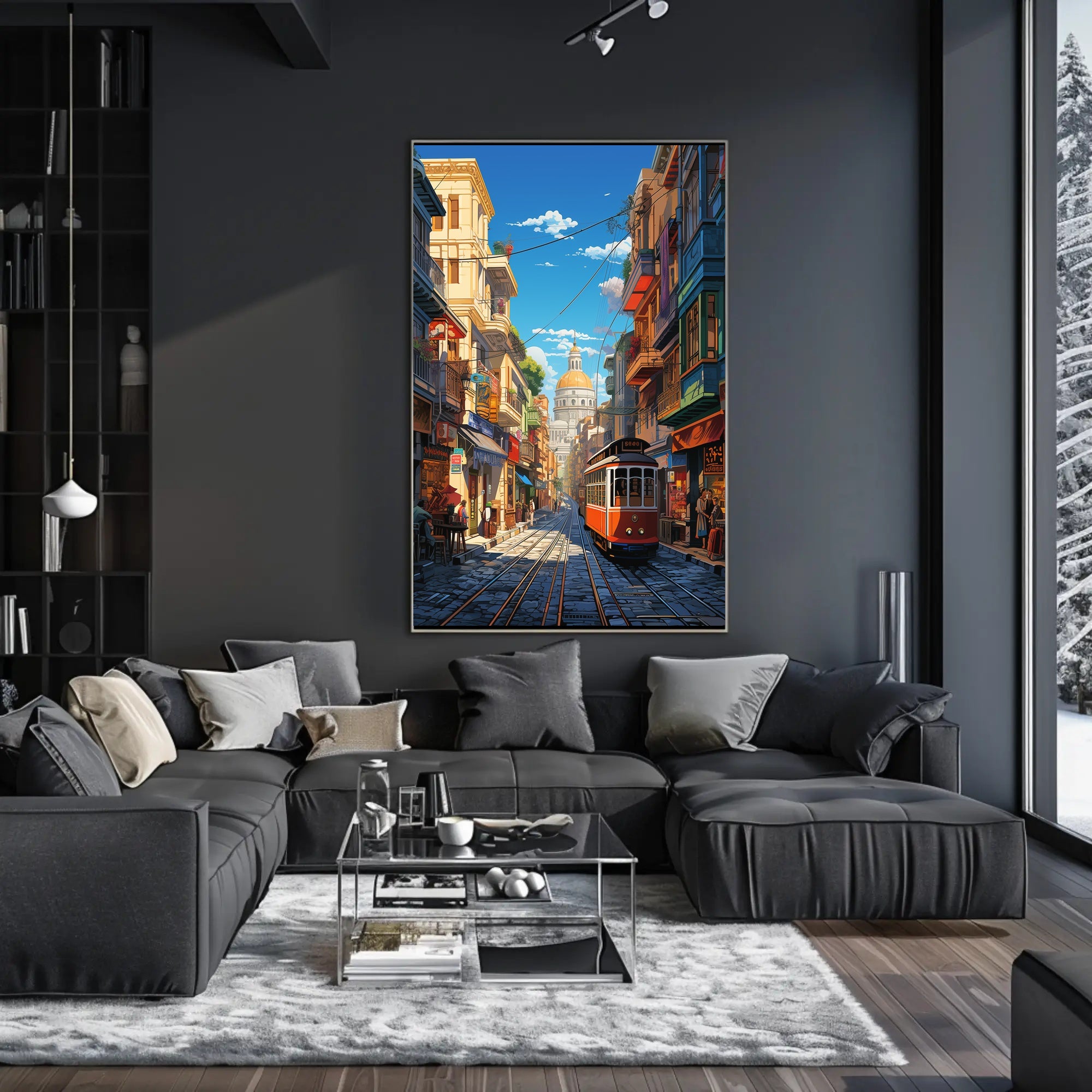 Vibrant Cityscape with Historical Trolley Travel Poster