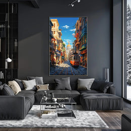 Vibrant Cityscape with Historical Trolley Travel Poster