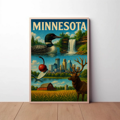 Minnesota State Symbols City Nature Blend Vintage Travel Poster
