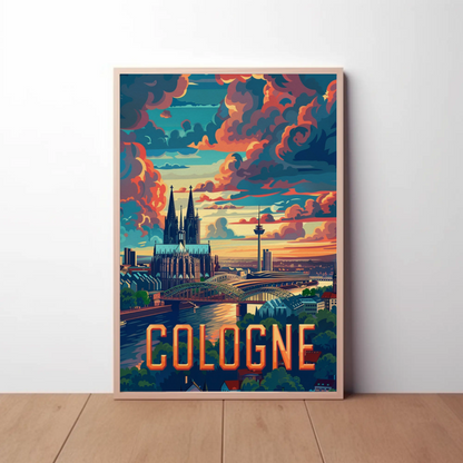 Cologne Skyline Sunset Clouds Spires Travel Poster