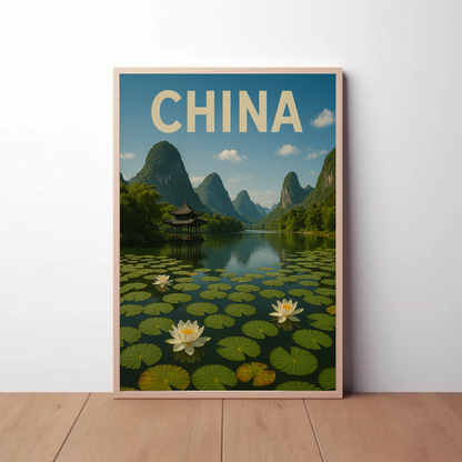 China Lotus Lake Mountains Pavilion Vintage Travel Poster