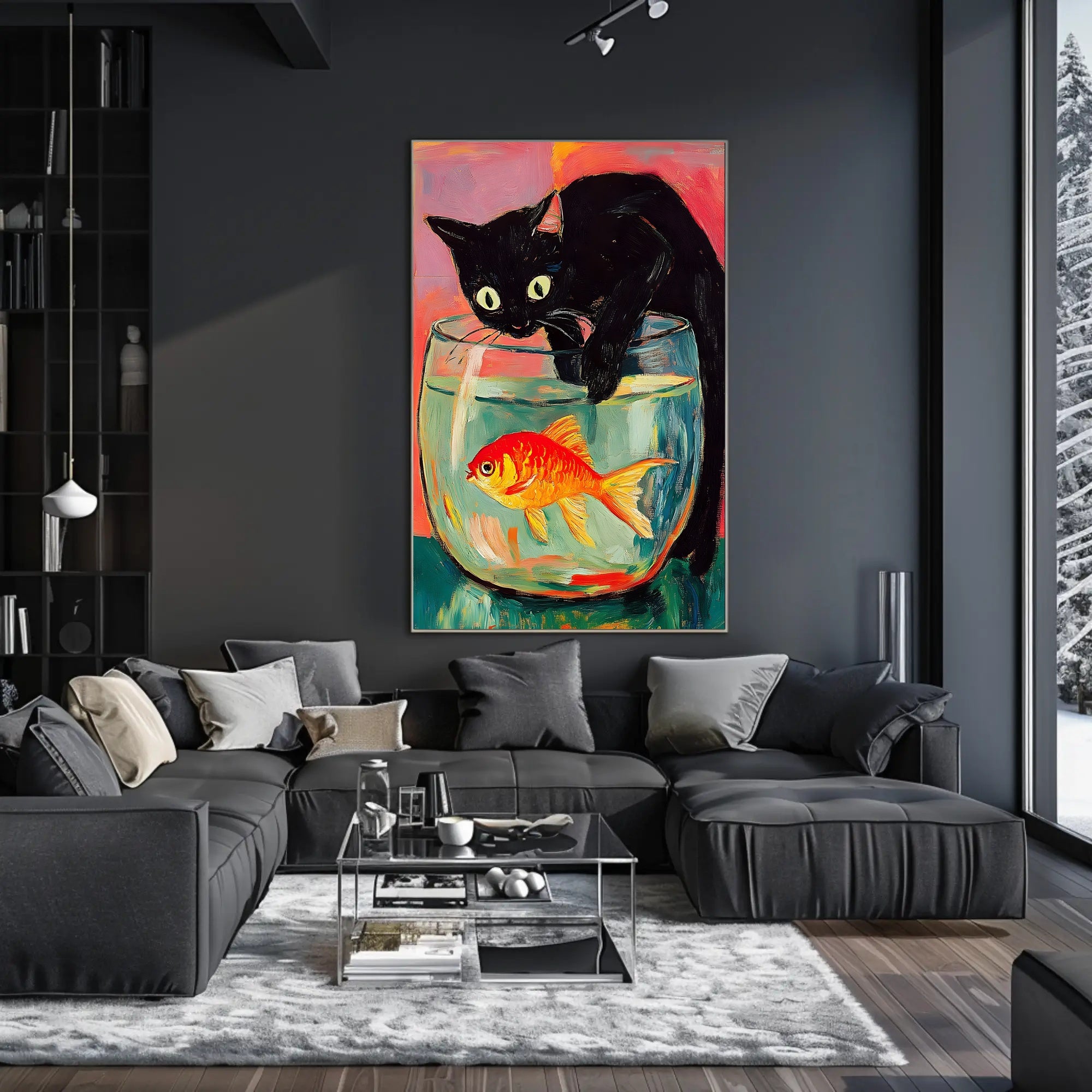 Curious Cat And Goldfish Poster Colorful Art Print