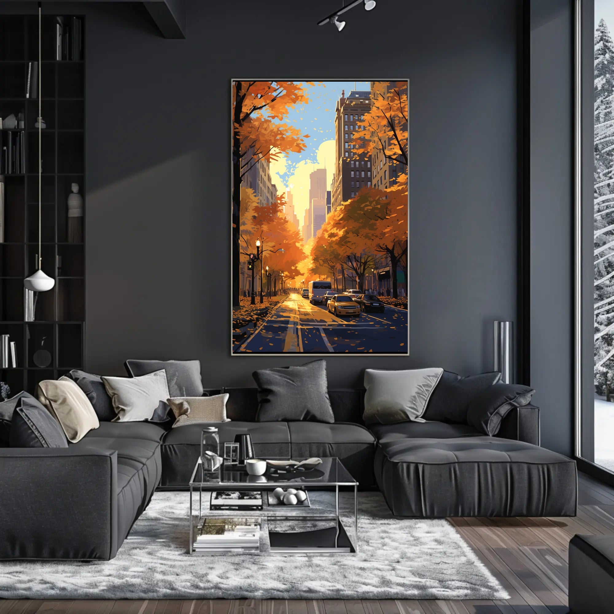 Urban Autumn Street Scene: Abstract, Artistic, or Pop Culture Poster