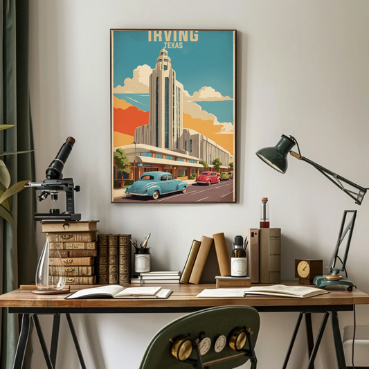 Irving Texas Art Deco Building Cars Retro Vintage Travel Poster