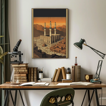 Three Minaret Mosque Mountainside Vintage Travel Poster