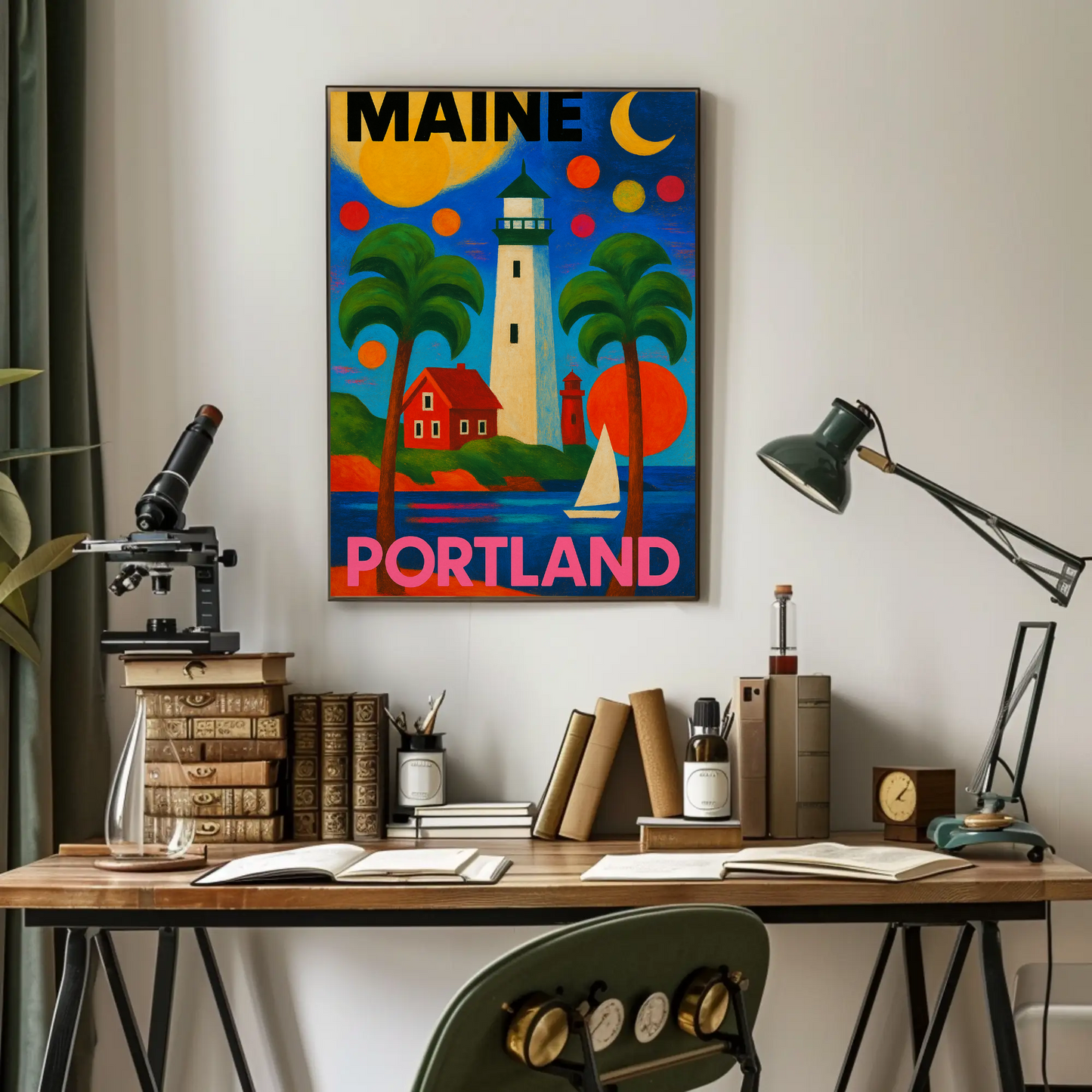 Maine Portland Lighthouse Sailboats Palms Vintage Travel Poster
