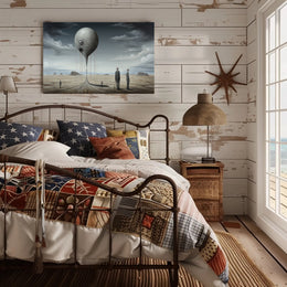 Surreal Metallic Sphere Floats in Desolate Sci-Fi Landscape Poster
