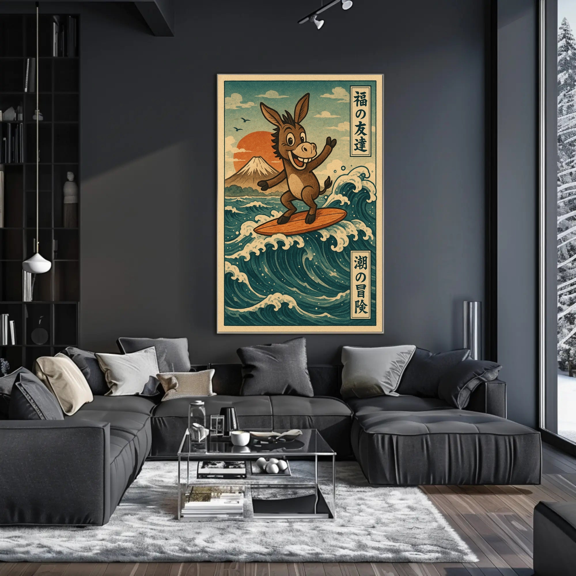 Surfing Donkey Adventure on Japanese Heritage Poster