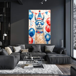 Playful watercolor of a llama wearing a stars and stripes hat and sunglasses standing in front of bunting and balloons in red white and blue Poster