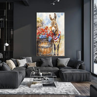 Cheerful Donkey Beside Barrel Surrounded By Flowers Poster