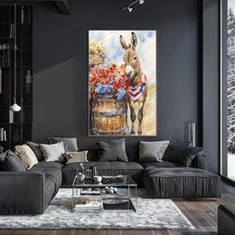Cheerful Donkey Beside Barrel Surrounded By Flowers Poster
