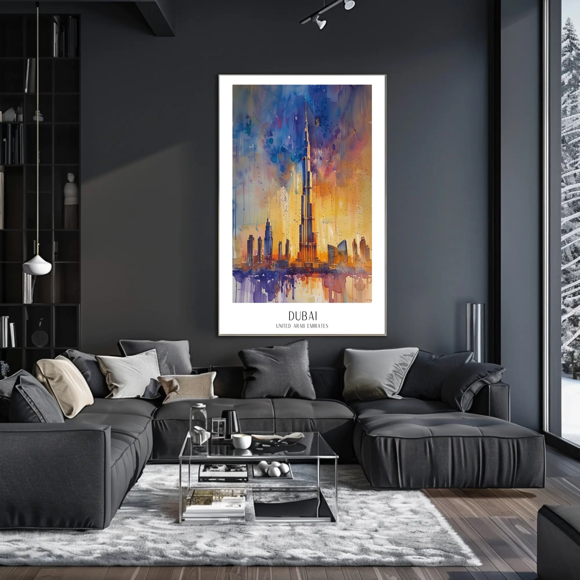 Dubai Skyline Modern Abstract Watercolor Urban or Cityscape Poster PosterGoat