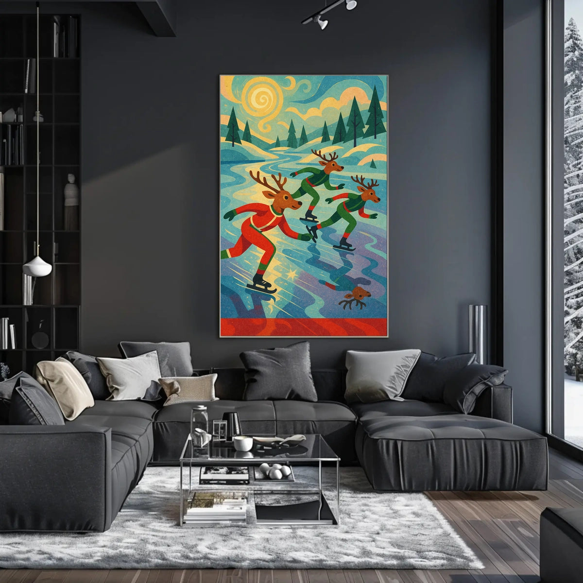 Whimsical Reindeer Skating Retro Art Poster