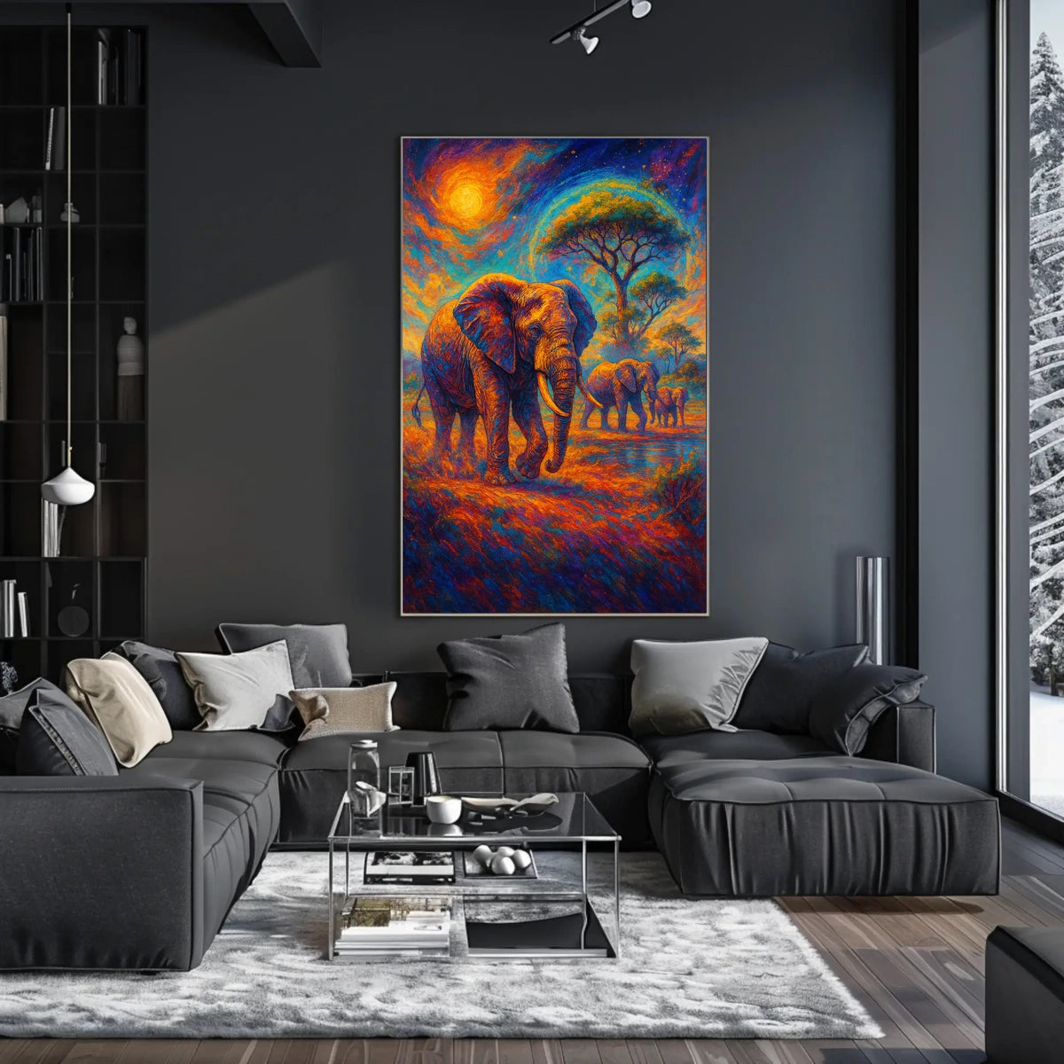 Majestic Elephants Safari Art Poster: Vibrant Landscape