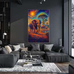 Majestic Elephants Safari Art Poster: Vibrant Landscape