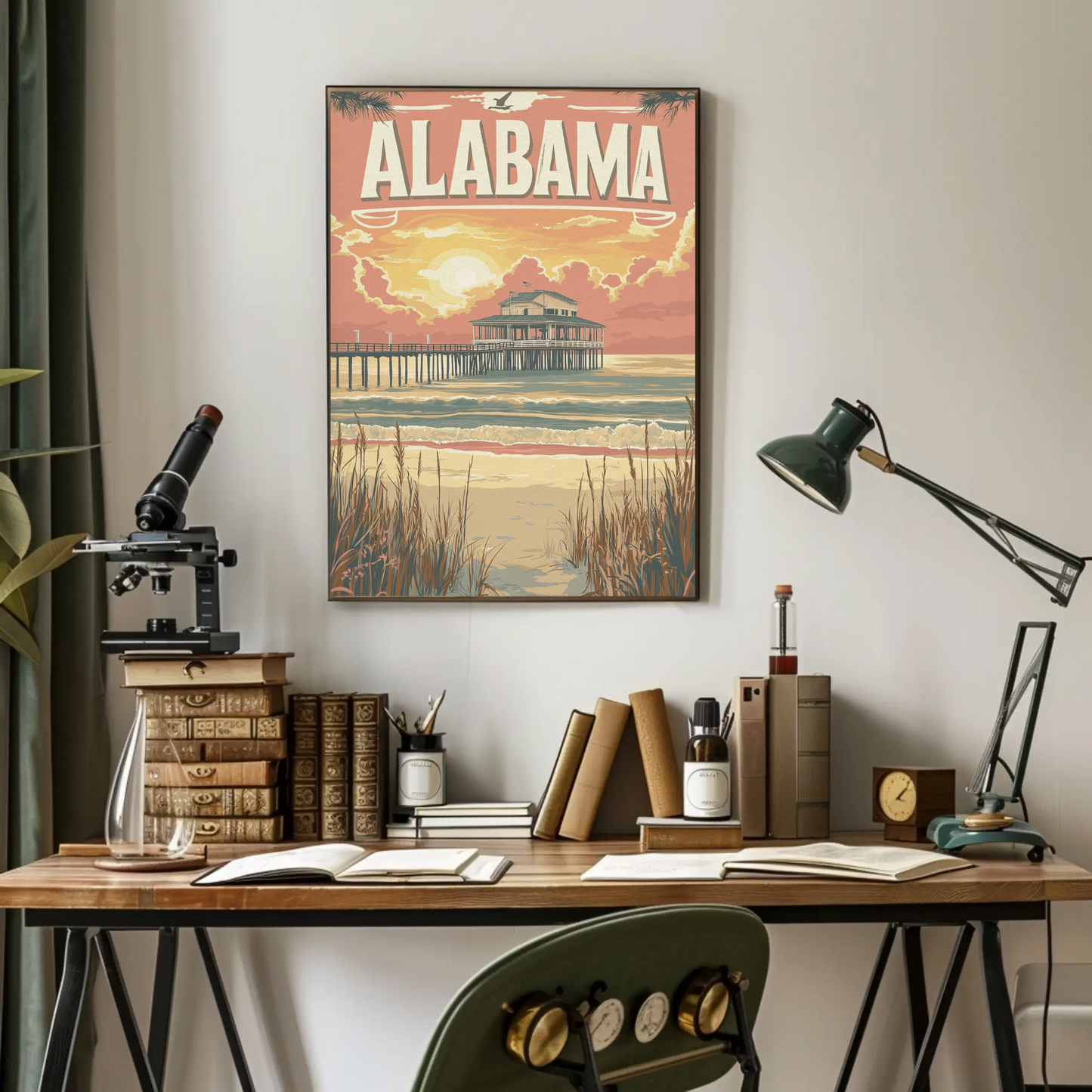 Alabama Pier at Sunset Vintage Travel Poster