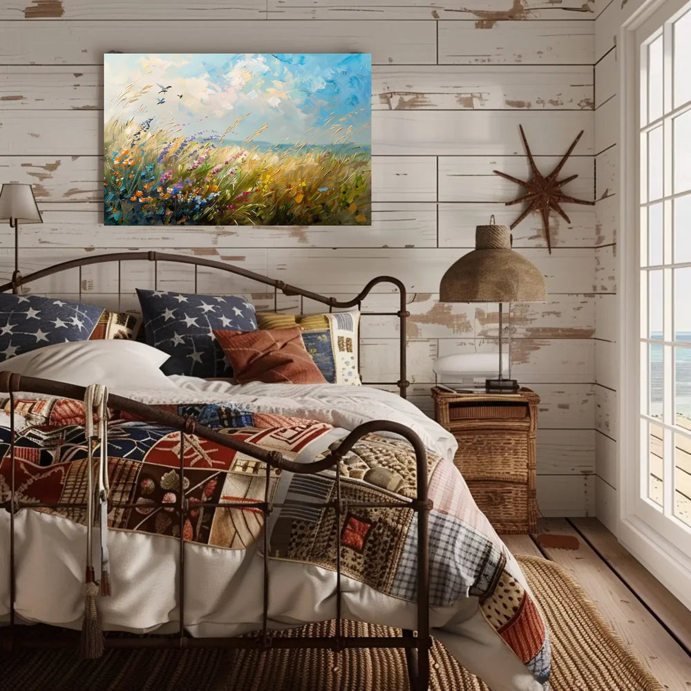 Vibrant Meadow Impressionist Poster with Soaring Birds