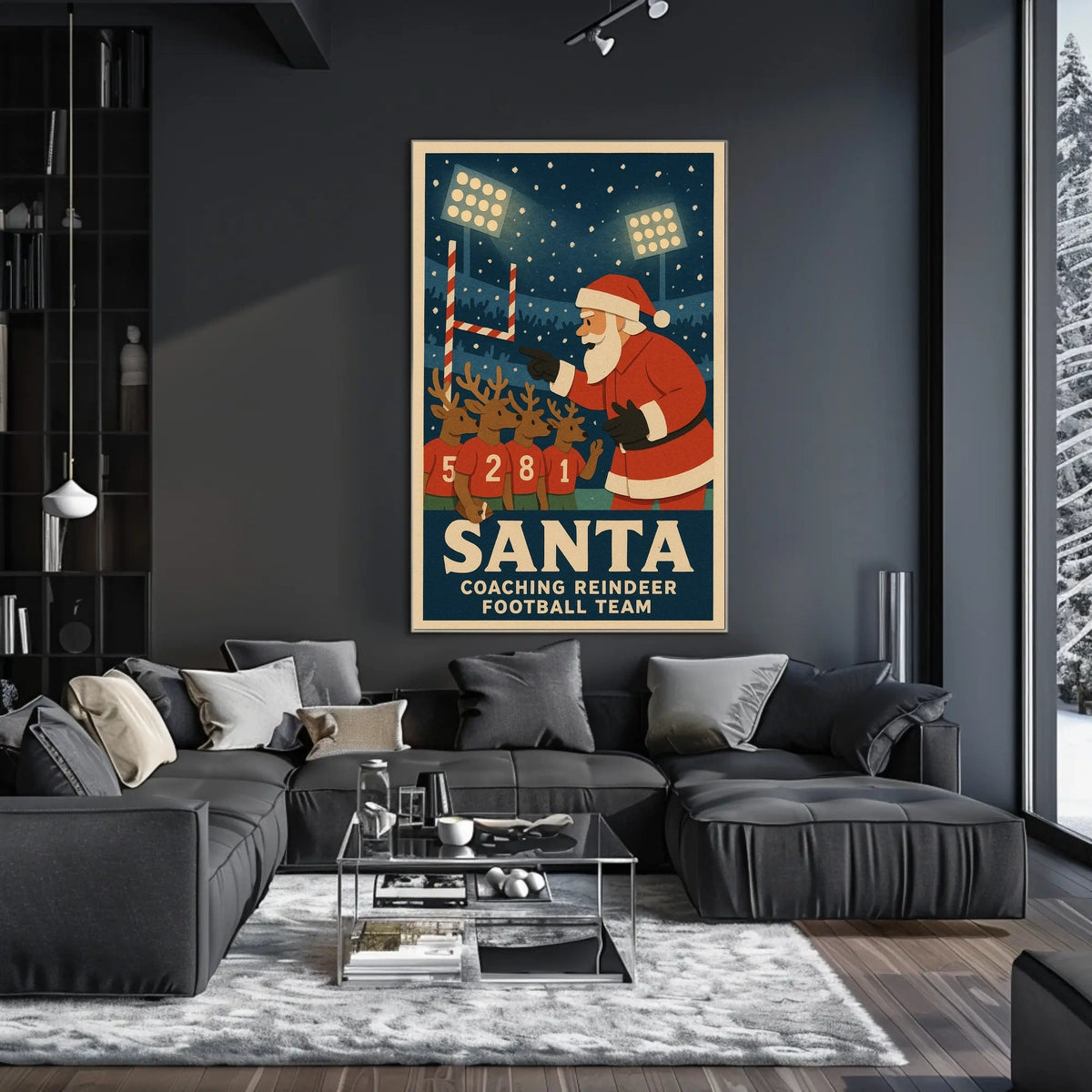Santa Coaches Reindeer in Vintage Football Scene
