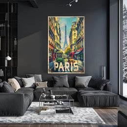 Vintage Parisian Street with Eiffel Tower Travel Poster