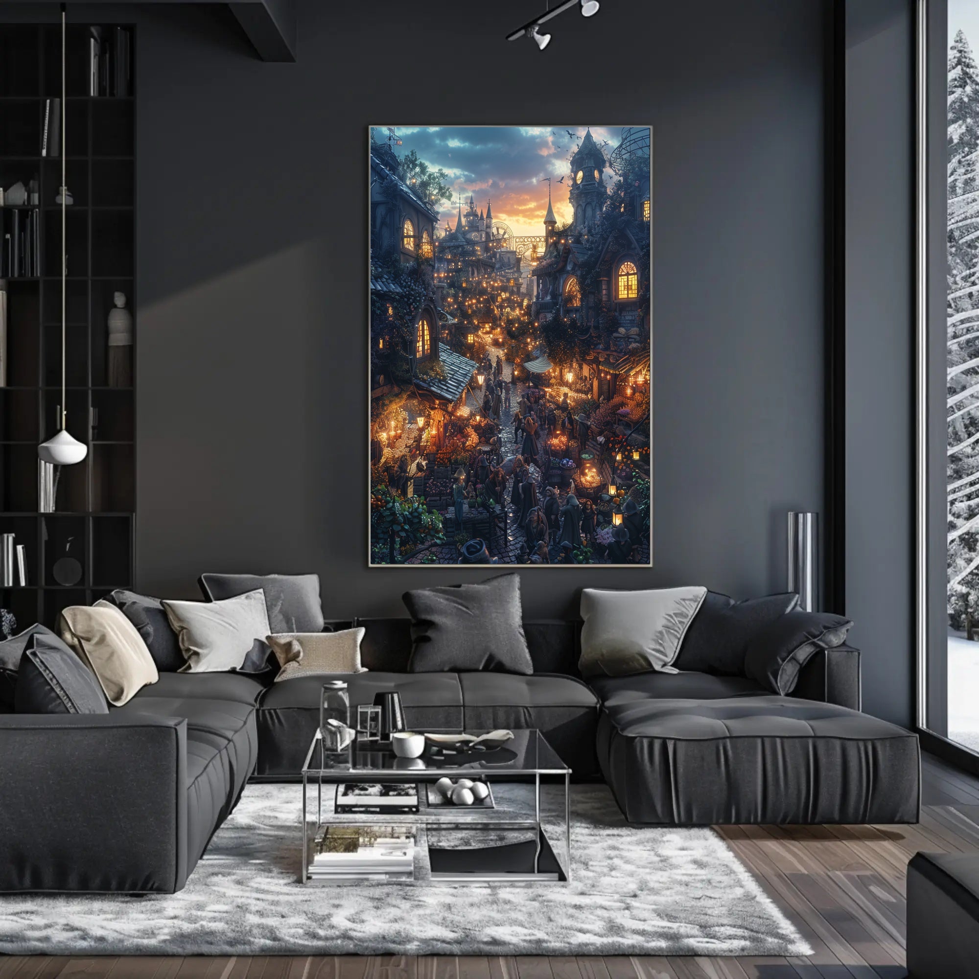 Whimsical Fantasy Market Scene Sunset Fantasy Poster PosterGoat