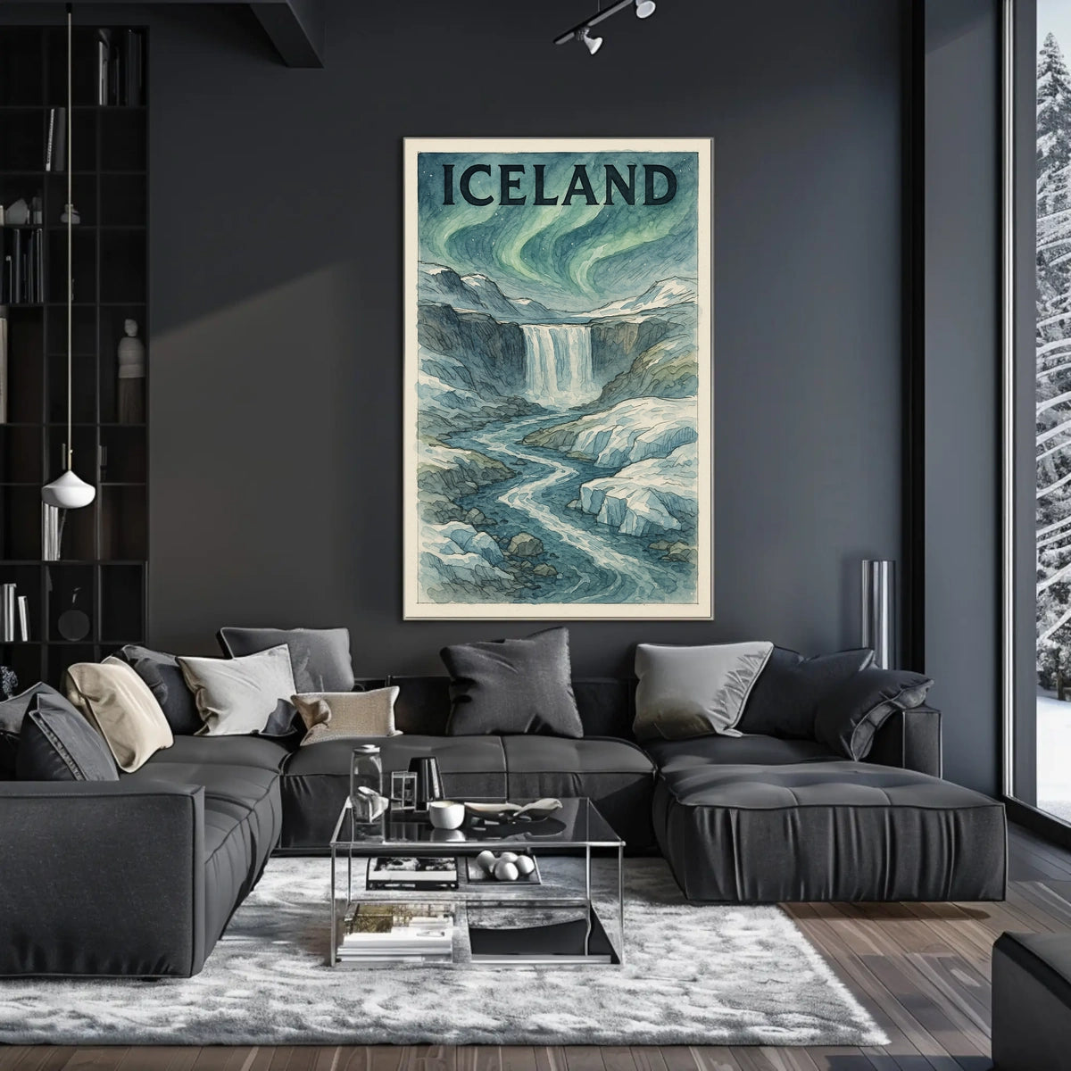 Icelandic Waterfall with Aurora Borealis Travel Poster