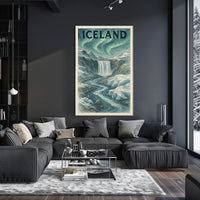 Icelandic Waterfall with Aurora Borealis Travel Poster