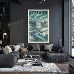 Icelandic Waterfall with Aurora Borealis Travel Poster