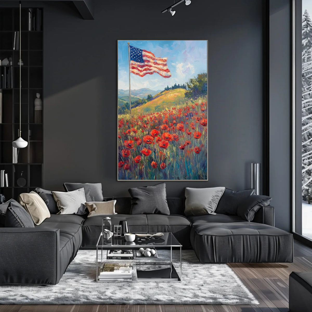 peaceful field of poppies with one large American flag Poster