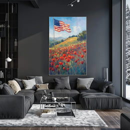 peaceful field of poppies with one large American flag Poster