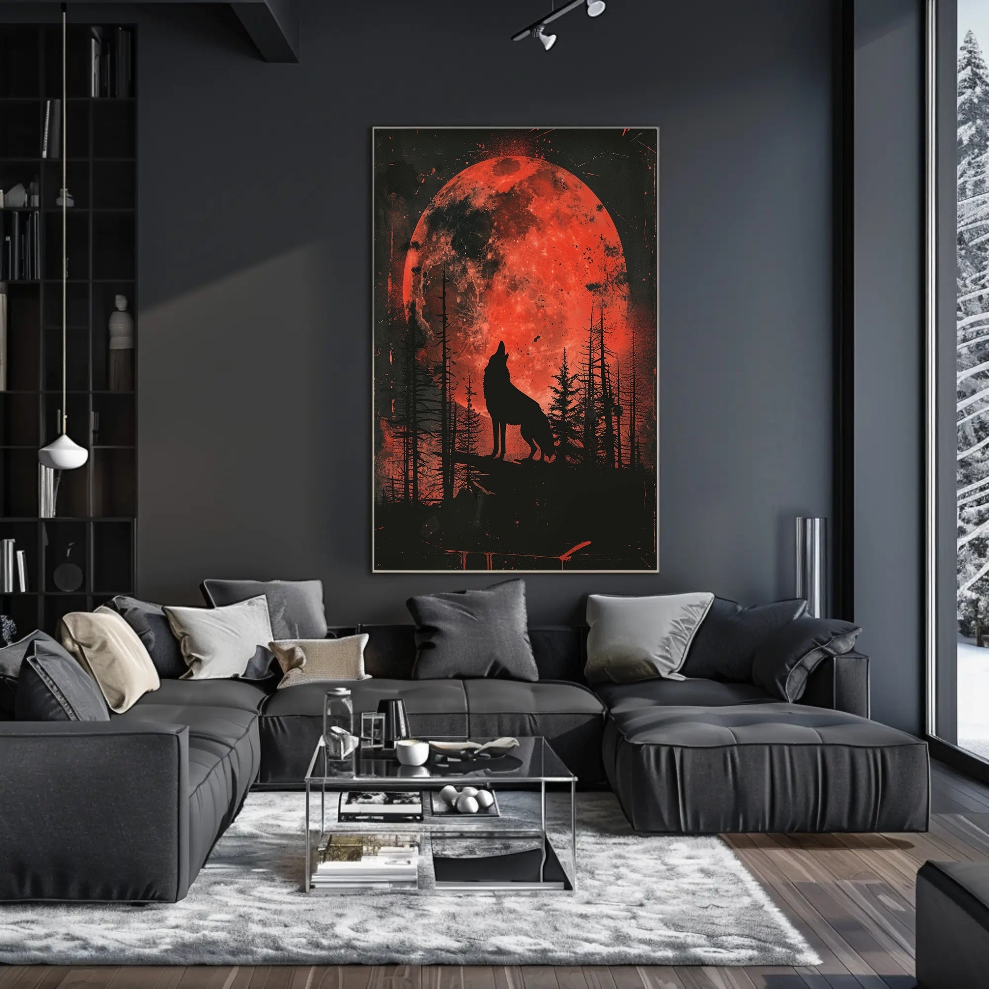 Howling Wolf Blood Moon Forest Art Poster PosterGoat