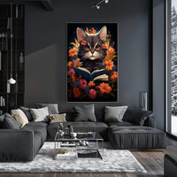 Whimsical Cat Portrait with Vibrant Floral Accents