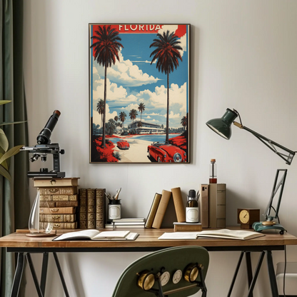 Florida Retro Cars Beach Palms Vintage Travel Poster