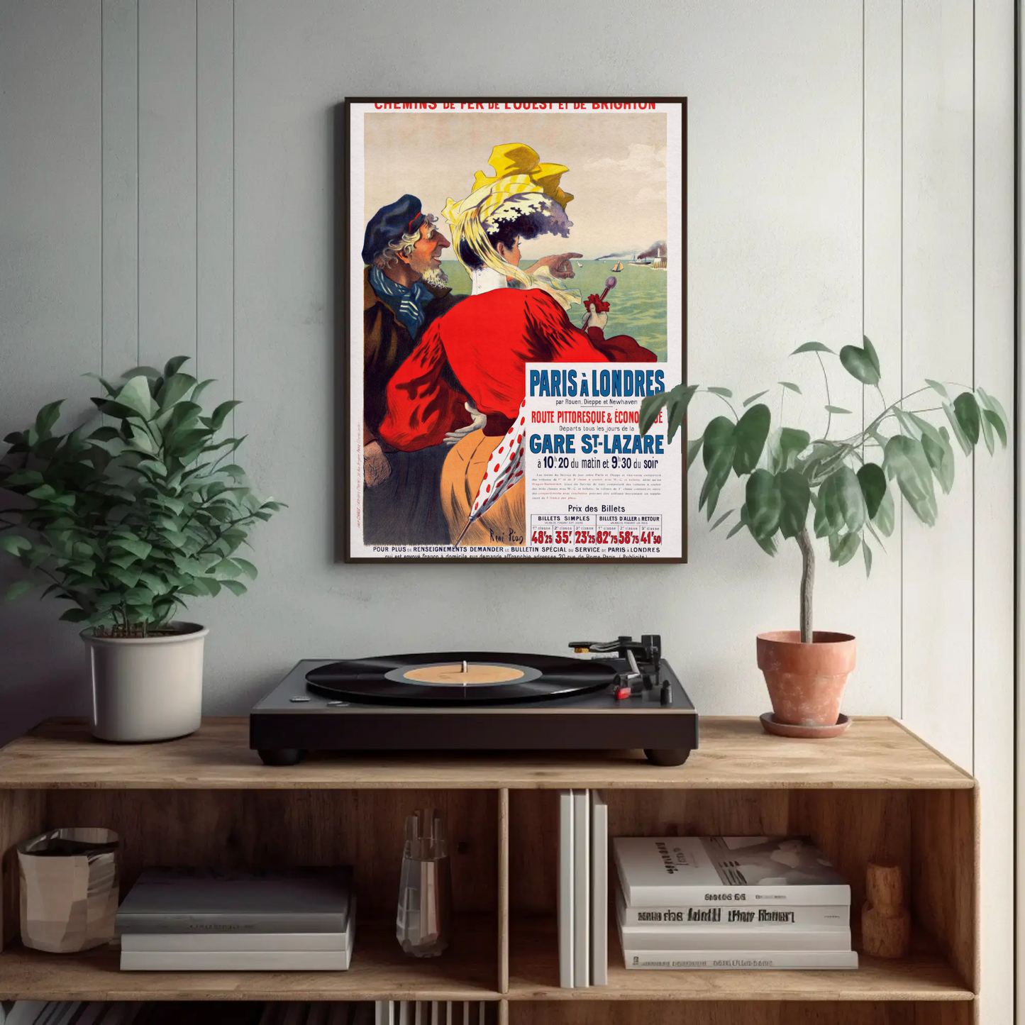 Paris To London Seaside View Couple Vintage Travel Poster